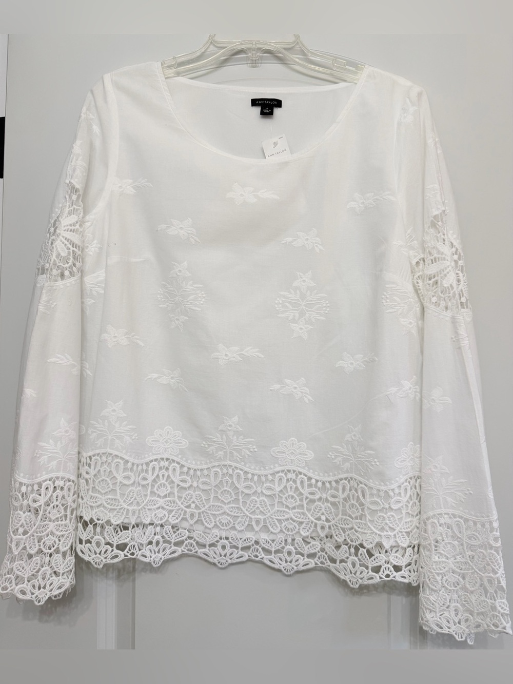 Ann Taylor White Embroidered & Lace-Trim Long Sleeve Top